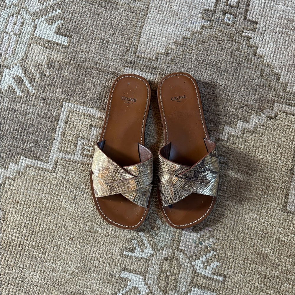 Celine Women's snakeskin print metallic Tan Sandals